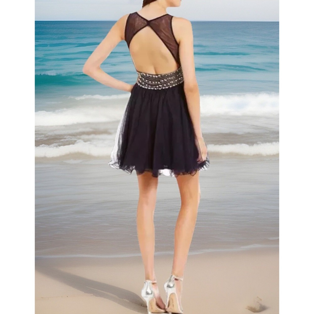 Blondie Nites black short Illusion Yoke Pearl Embellished Back Swing dress- 11